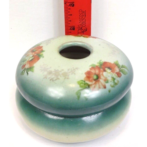 Antique Porcelain Hair Receiver Green Floral Vanity Decor 2 Piece Marked #77 - Picture 7 of 9